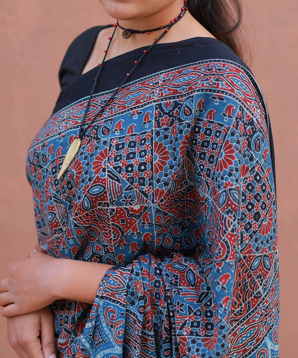 Indigo red cotton block printed ajrakh saree