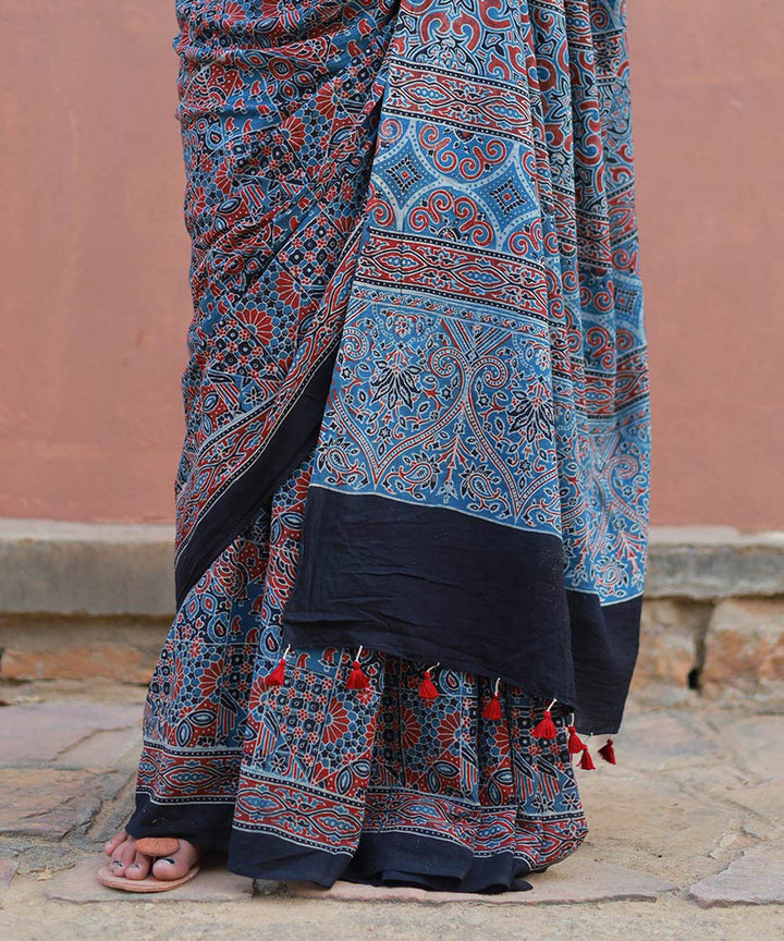 Indigo red cotton block printed ajrakh saree