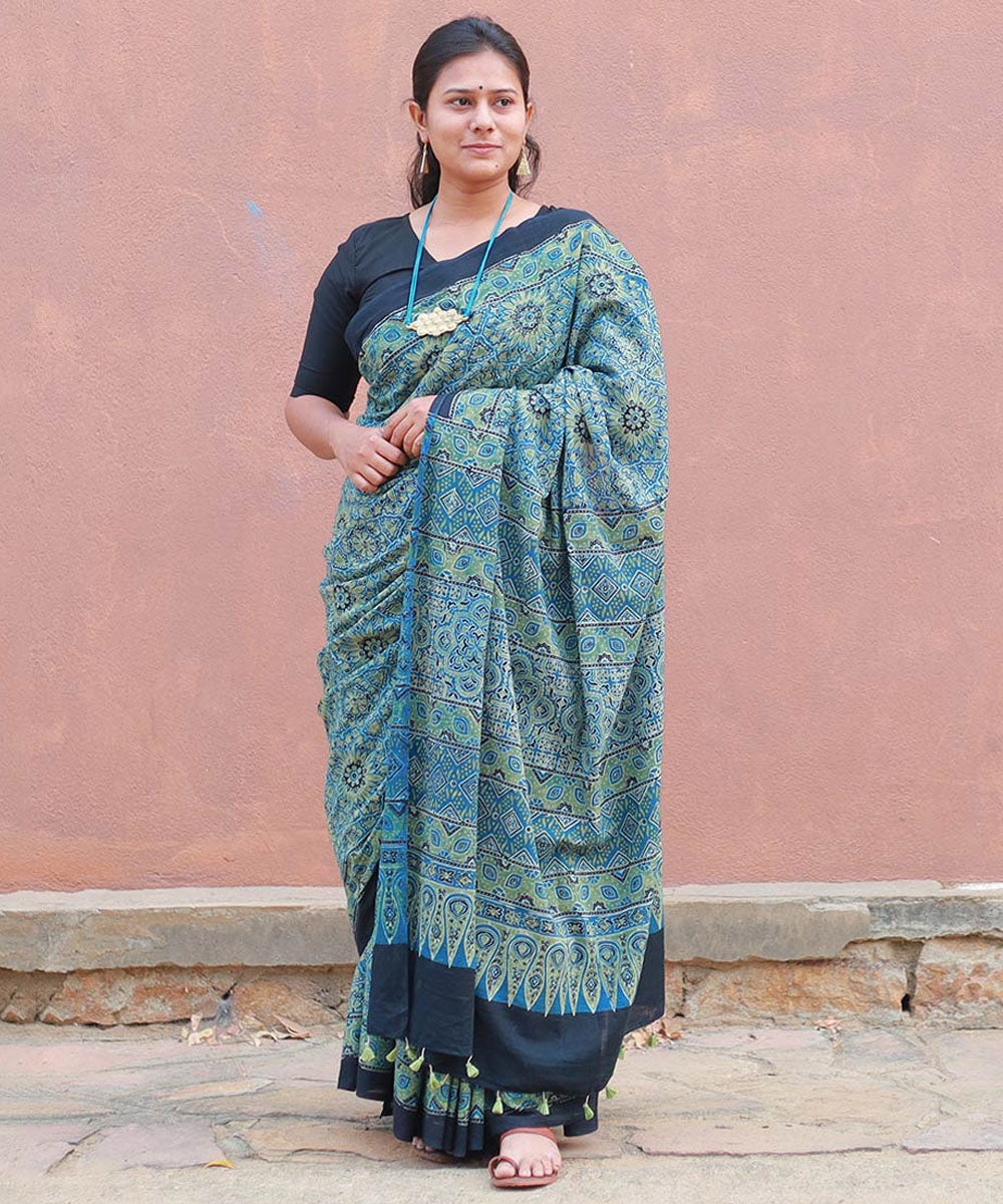 Teal green mustard cotton block printed ajrakh saree