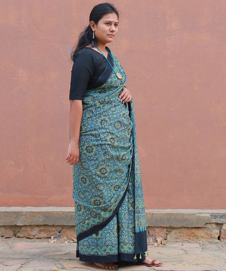 Teal green mustard cotton block printed ajrakh saree