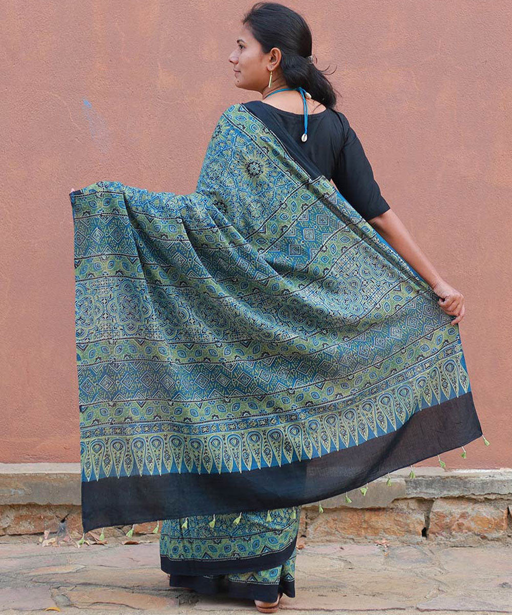 Teal green mustard cotton block printed ajrakh saree