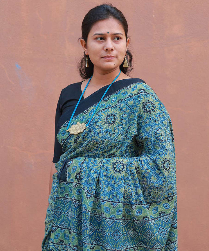 Teal green mustard cotton block printed ajrakh saree