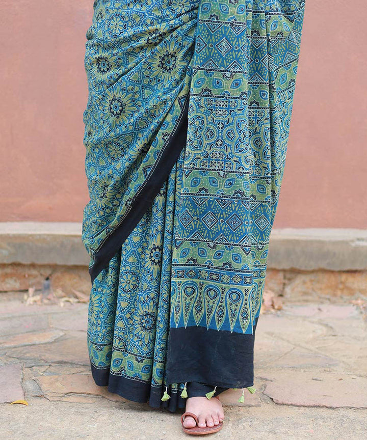 Teal green mustard cotton block printed ajrakh saree