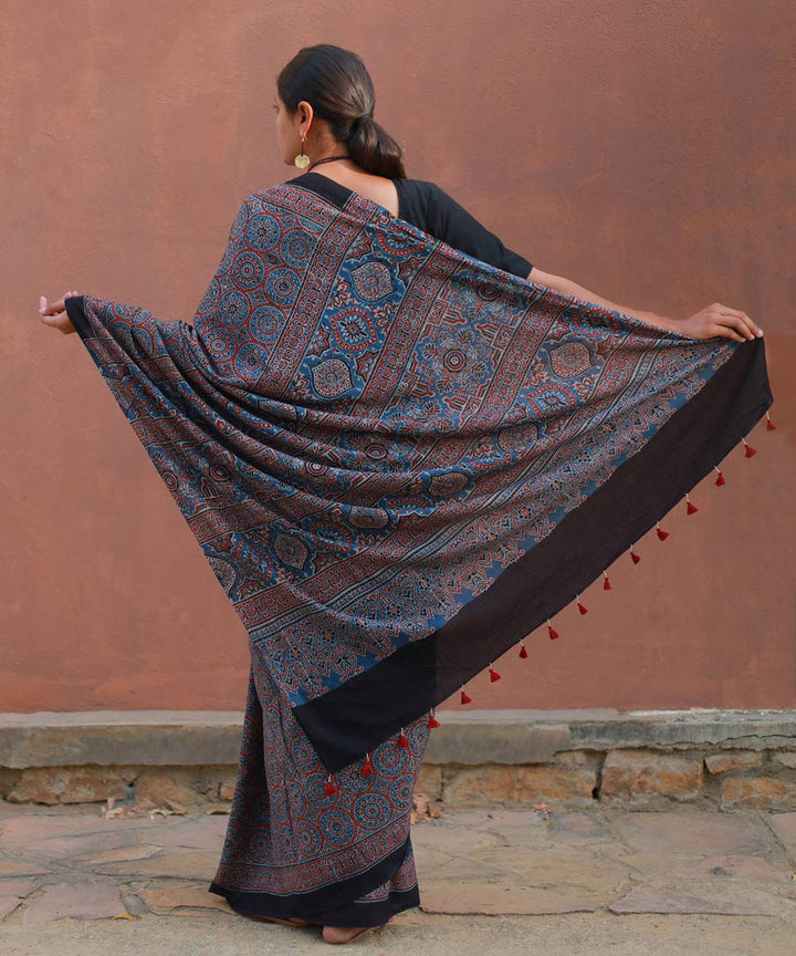 Indigo and red cotton block printed ajrakh saree