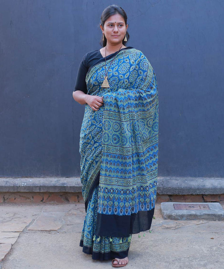 Teal green and mustard cotton block printed ajrakh saree