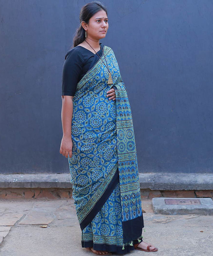 Teal green and mustard cotton block printed ajrakh saree