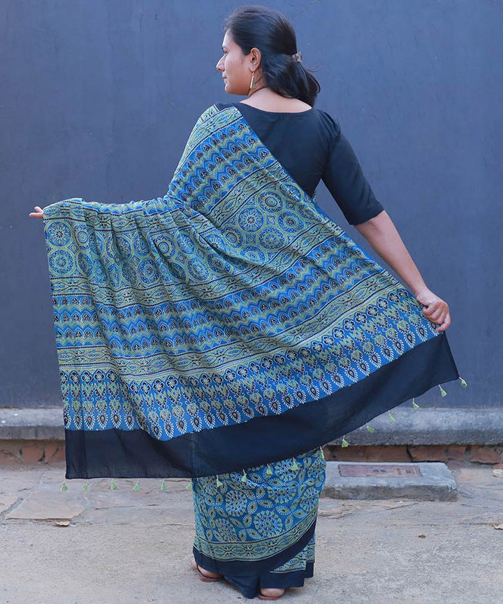 Teal green and mustard cotton block printed ajrakh saree