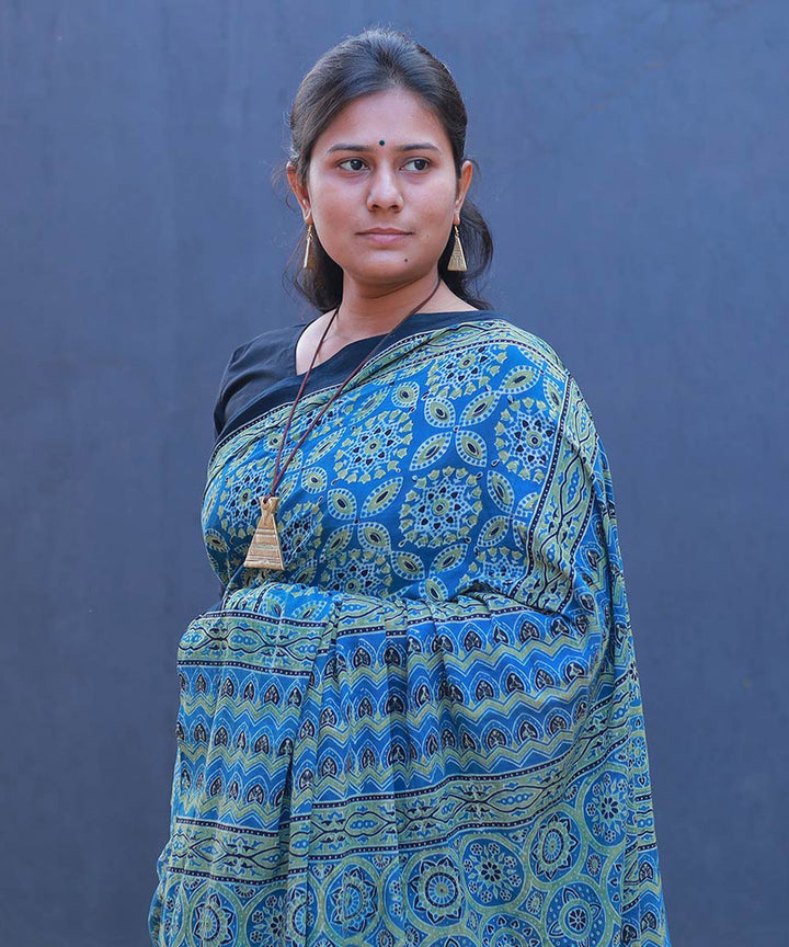 Teal green and mustard cotton block printed ajrakh saree