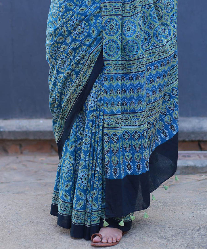 Teal green and mustard cotton block printed ajrakh saree