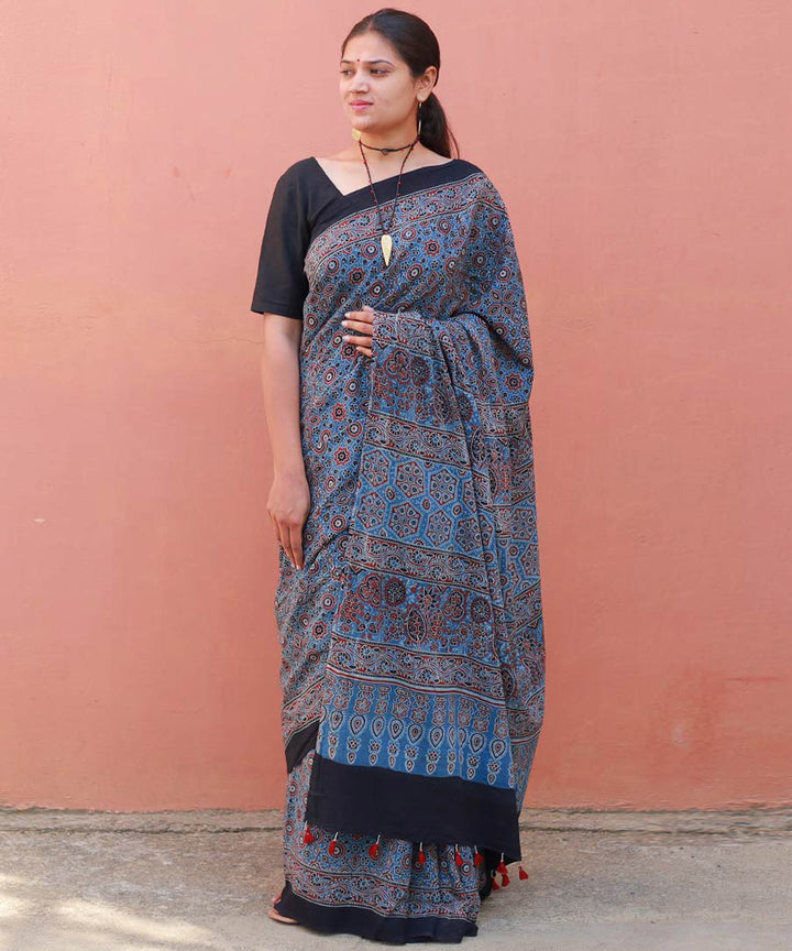 Indigo red cotton block print ajrakh saree