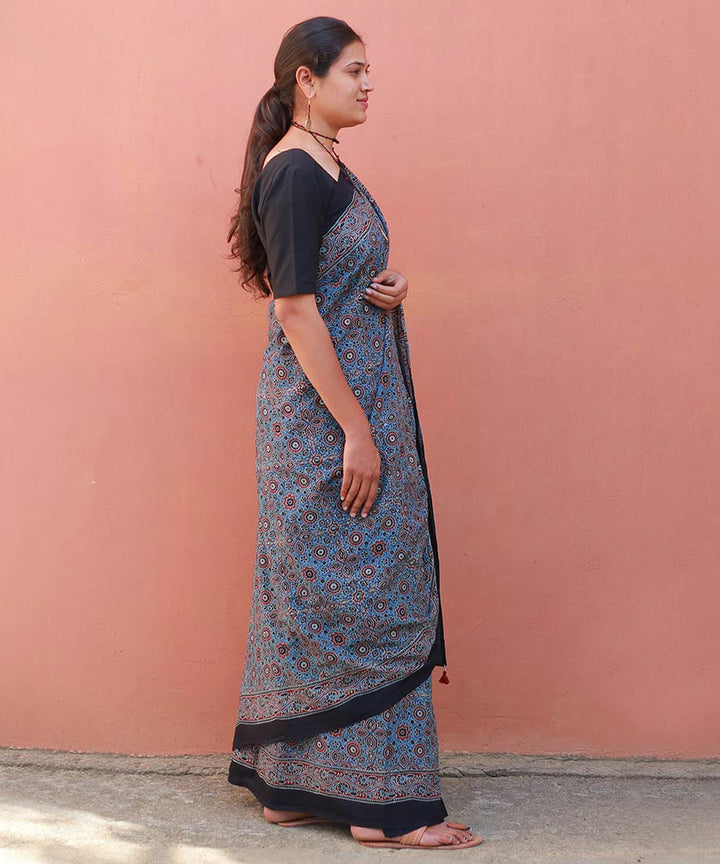 Indigo red cotton block print ajrakh saree