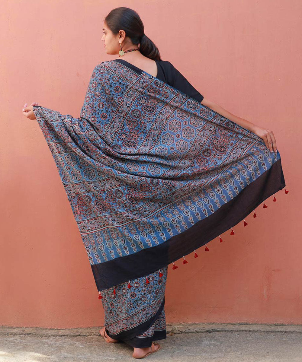 Indigo red cotton block print ajrakh saree