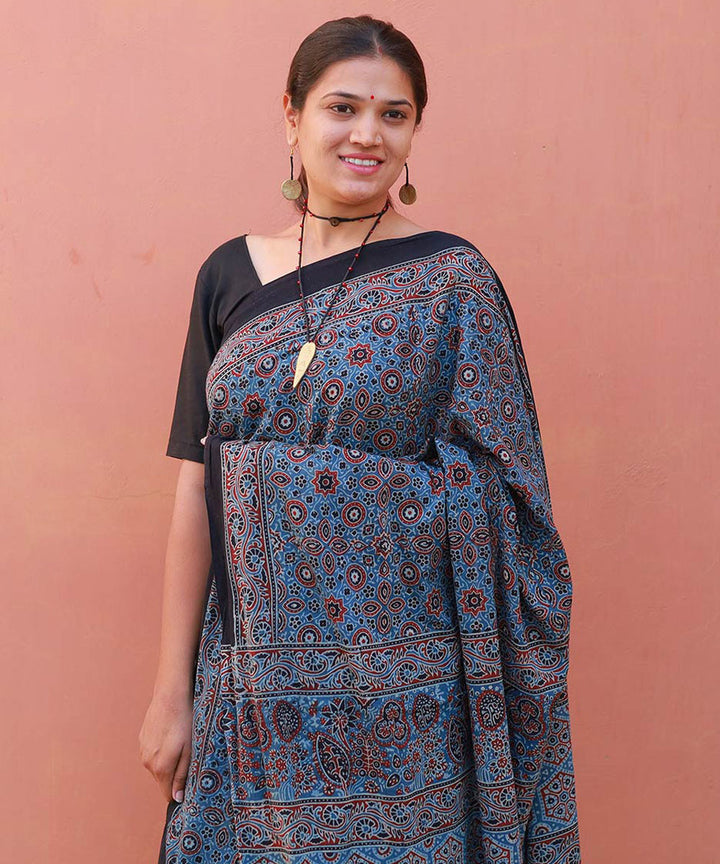 Indigo red cotton block print ajrakh saree