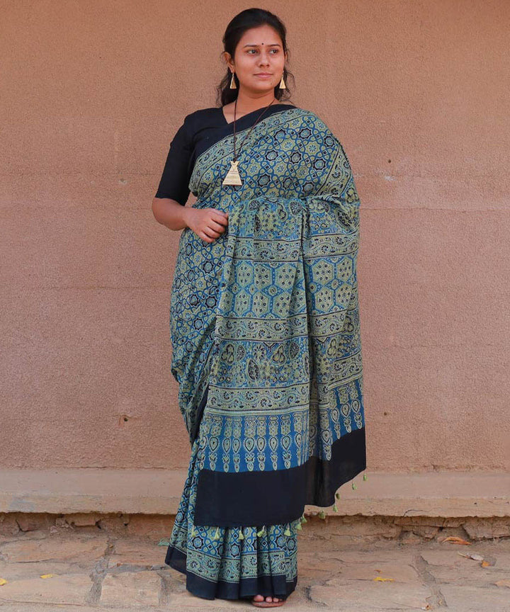 Teal green mustard cotton handblock printed ajrakh saree