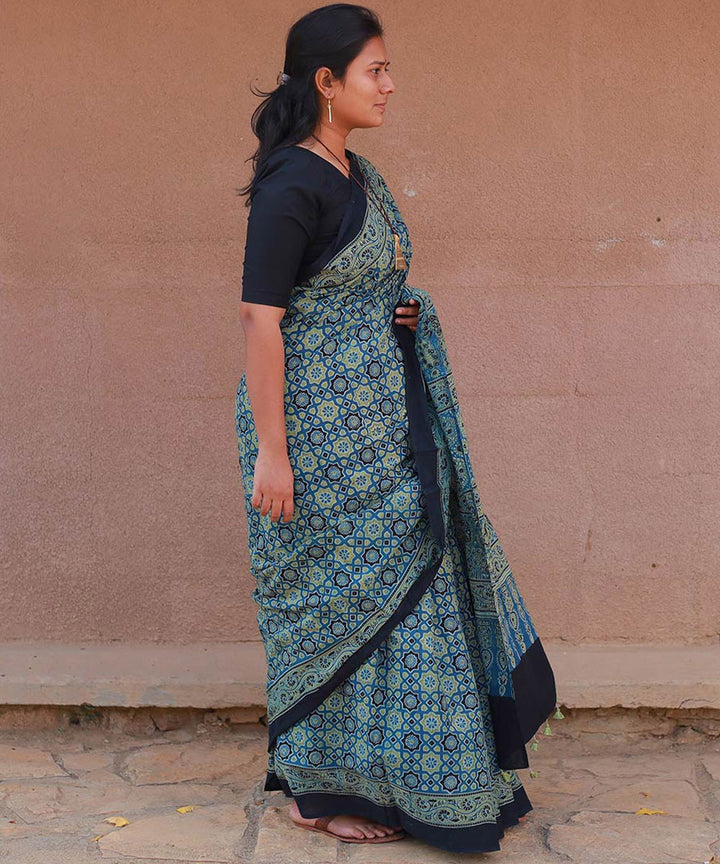 Teal green mustard cotton handblock printed ajrakh saree