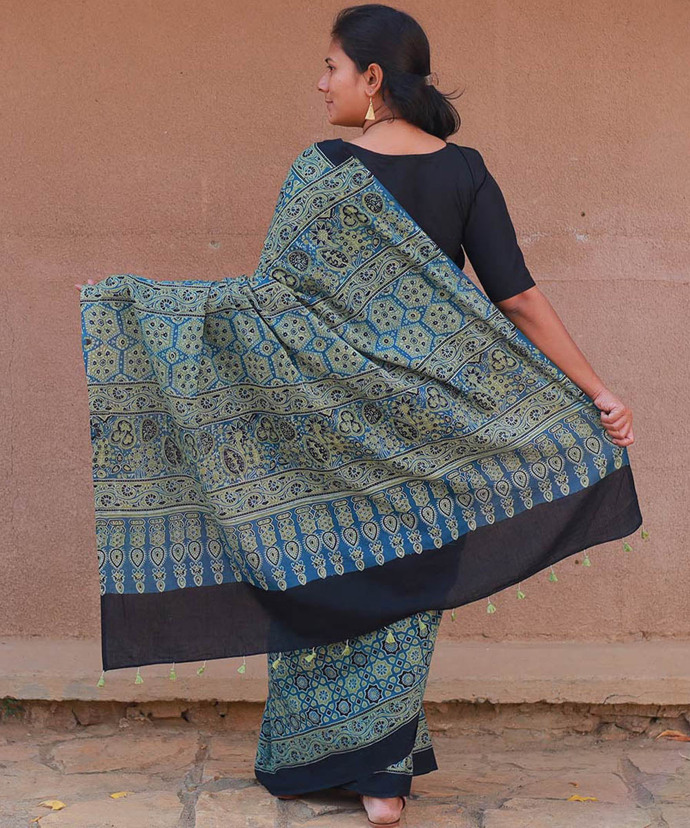 Teal green mustard cotton handblock printed ajrakh saree