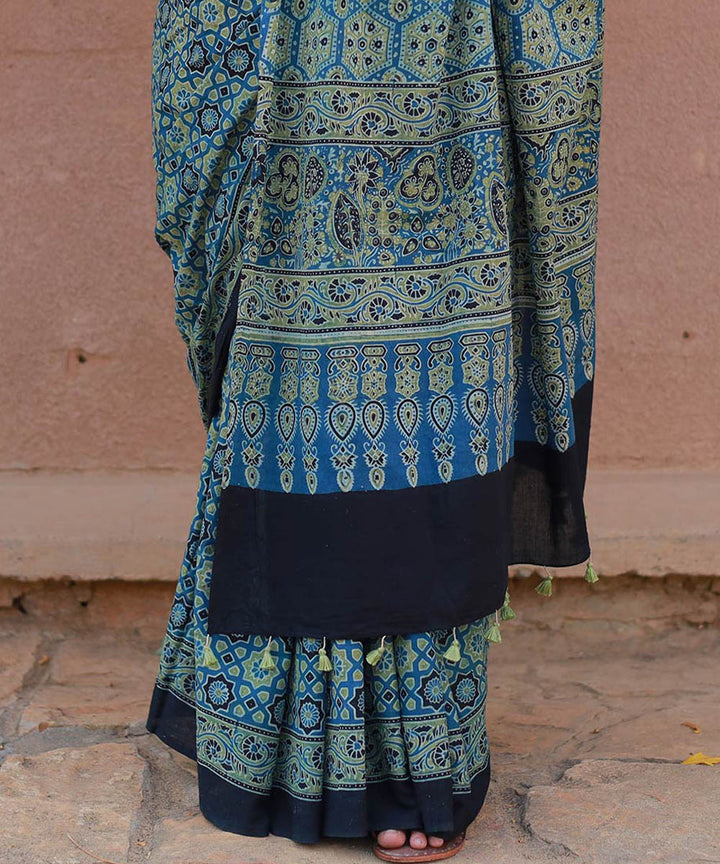 Teal green mustard cotton handblock printed ajrakh saree