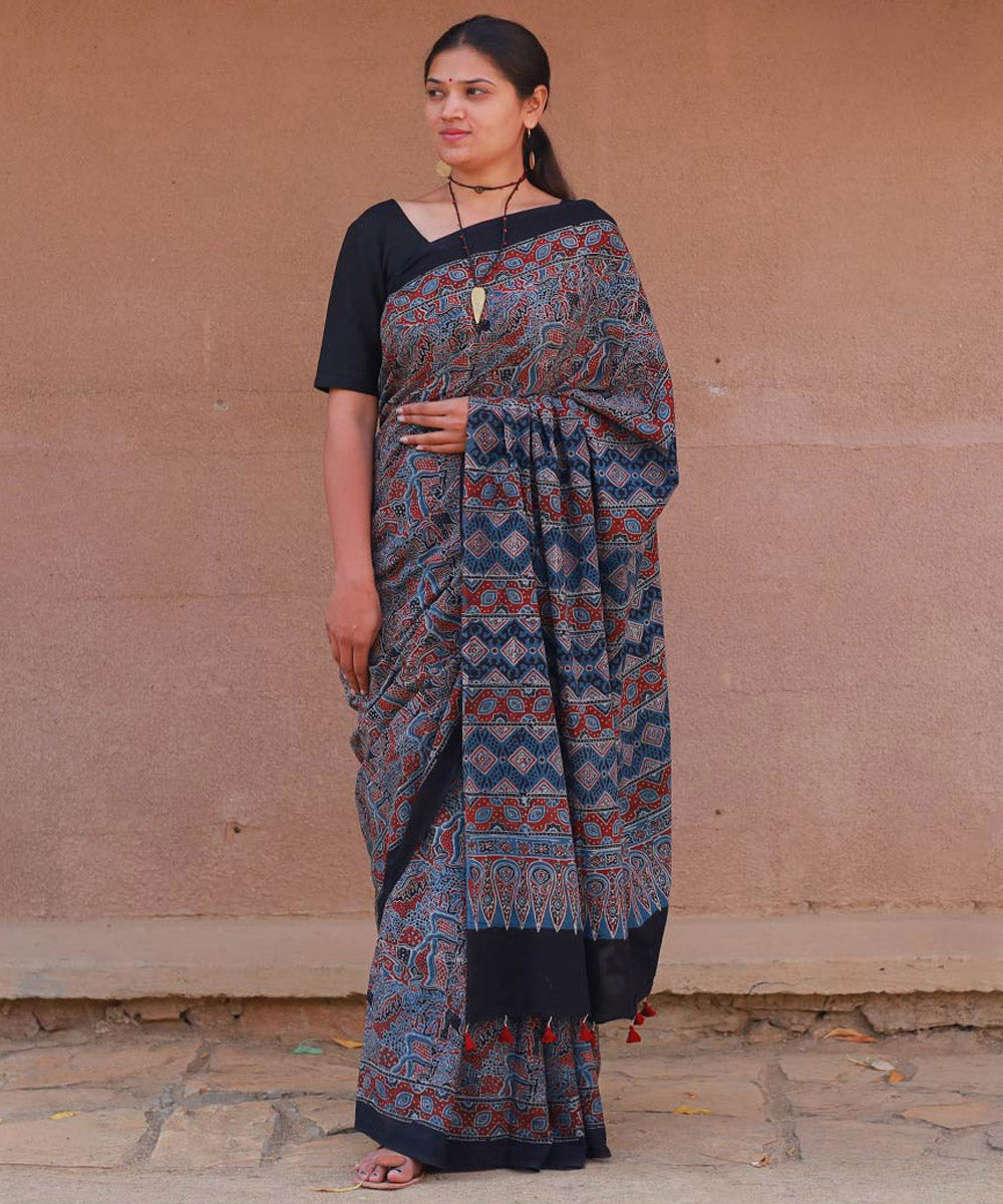 Indigo red cotton handblock print ajrakh saree