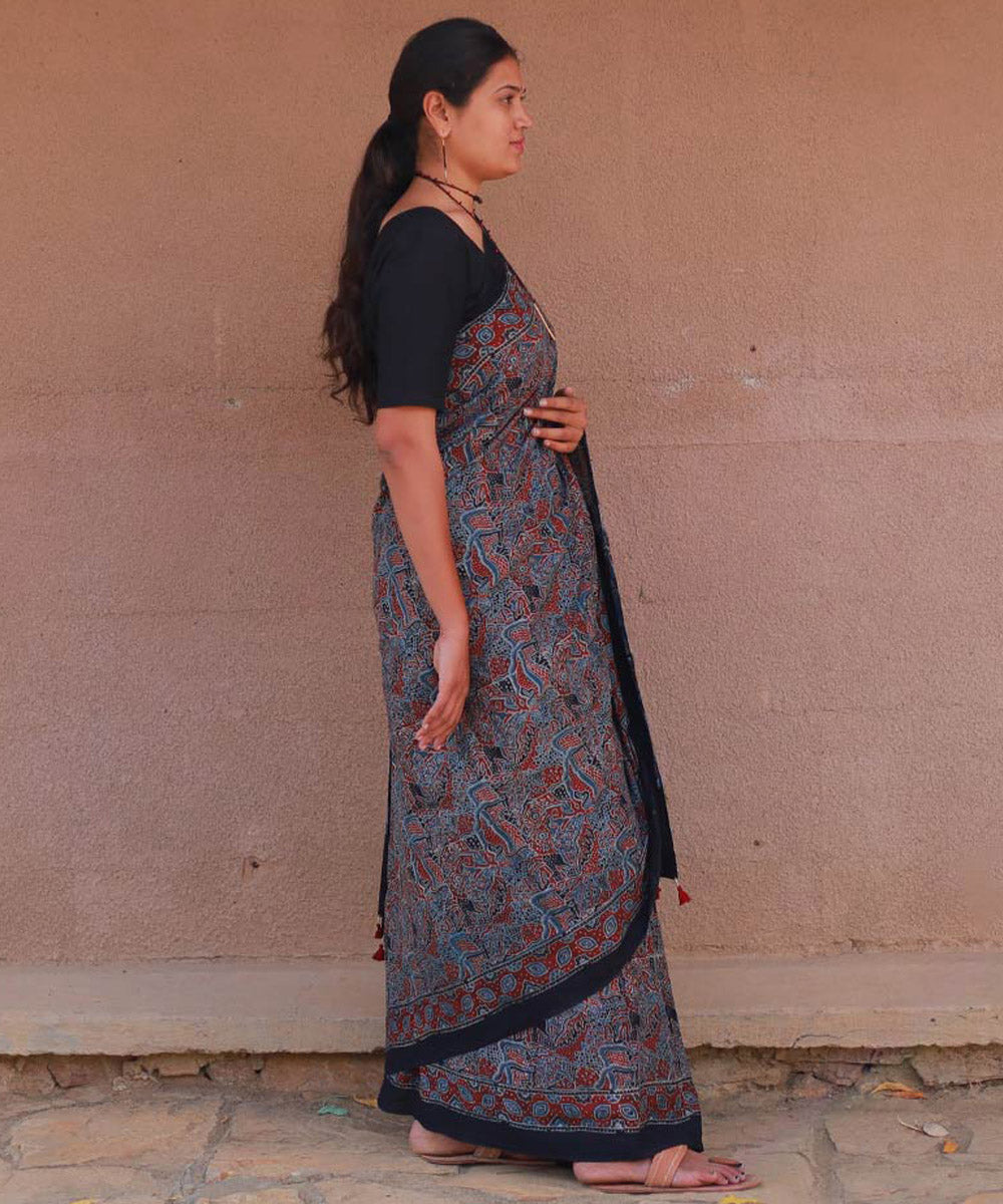 Indigo red cotton handblock print ajrakh saree