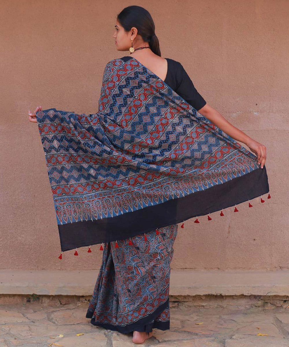 Indigo red cotton handblock print ajrakh saree