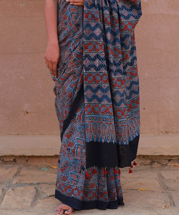 Indigo red cotton handblock print ajrakh saree