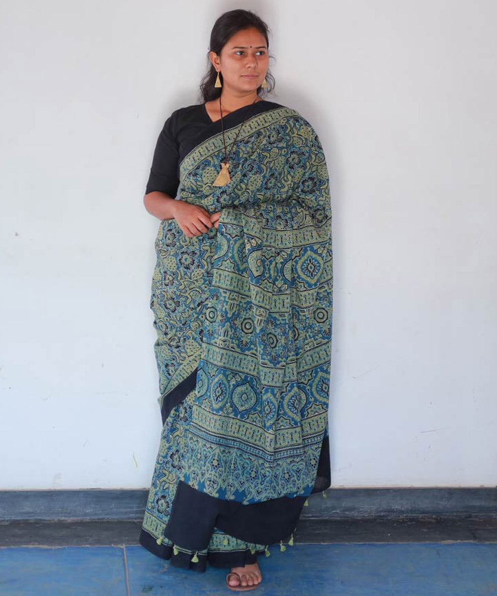 Teal green and mustard cotton handblock printed ajrakh saree