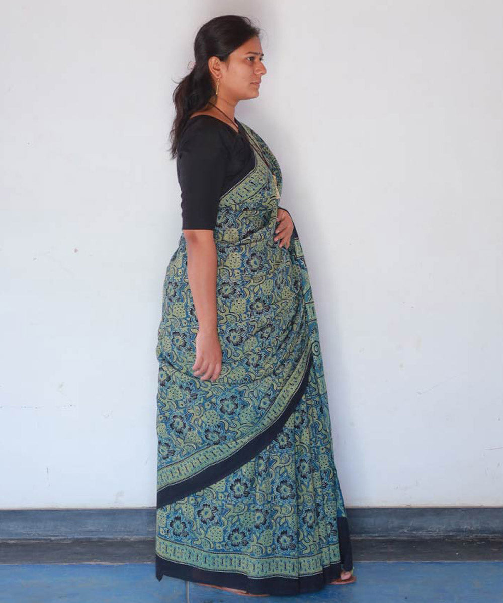 Teal green and mustard cotton handblock printed ajrakh saree