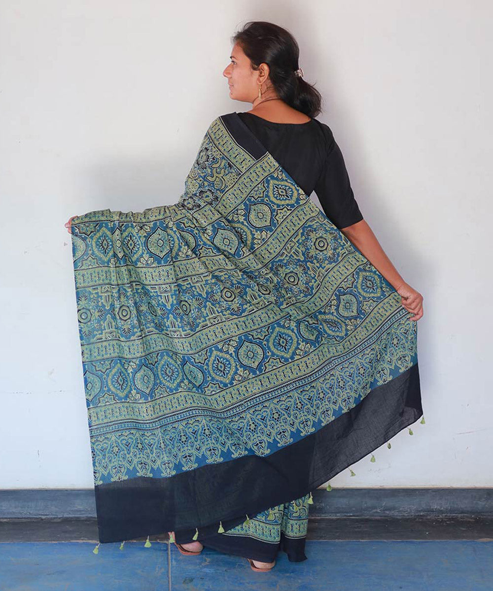 Teal green and mustard cotton handblock printed ajrakh saree