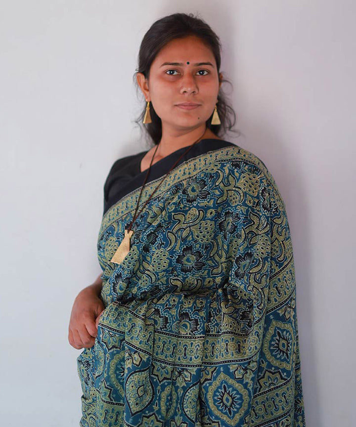 Teal green and mustard cotton handblock printed ajrakh saree