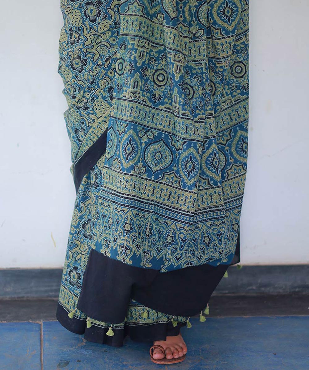 Teal green and mustard cotton handblock printed ajrakh saree