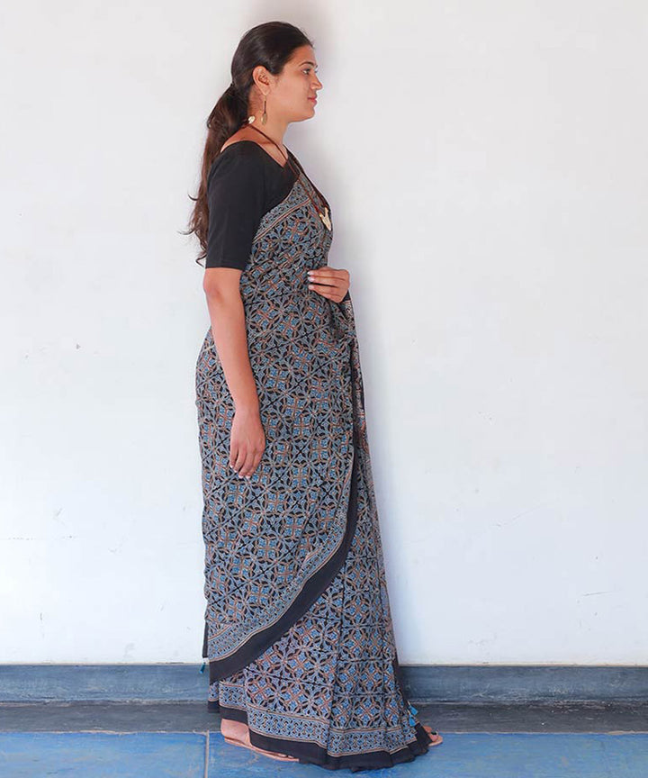 Indigo black cotton block printed ajrakh saree