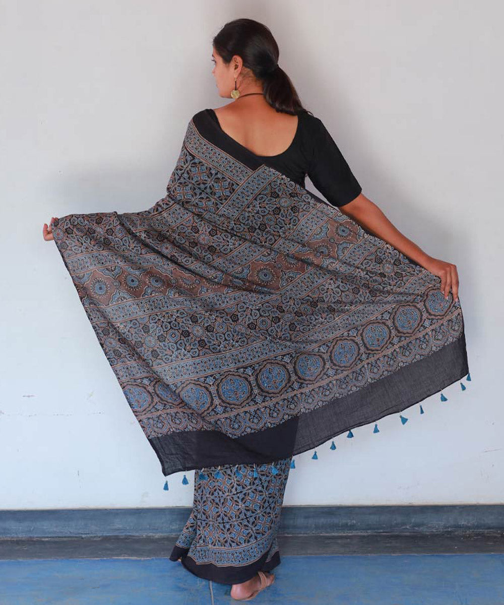 Indigo black cotton block printed ajrakh saree