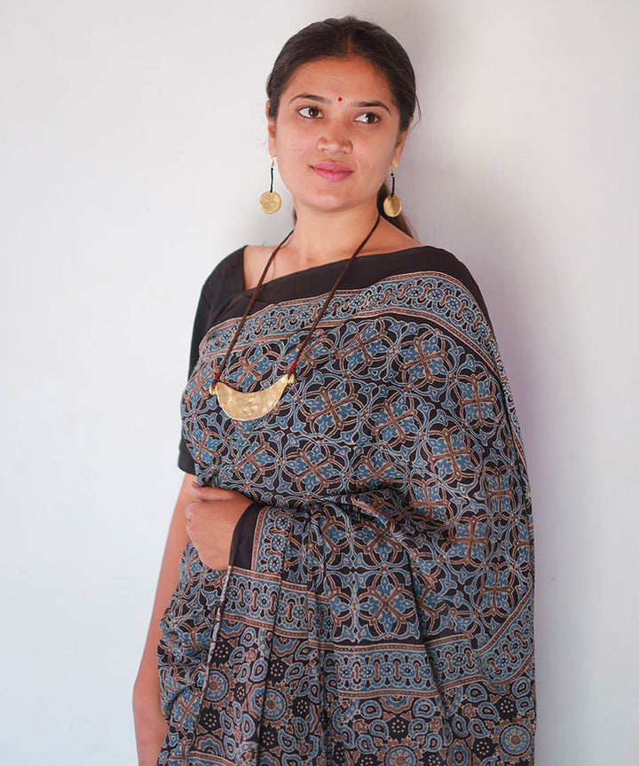 Indigo black cotton block printed ajrakh saree