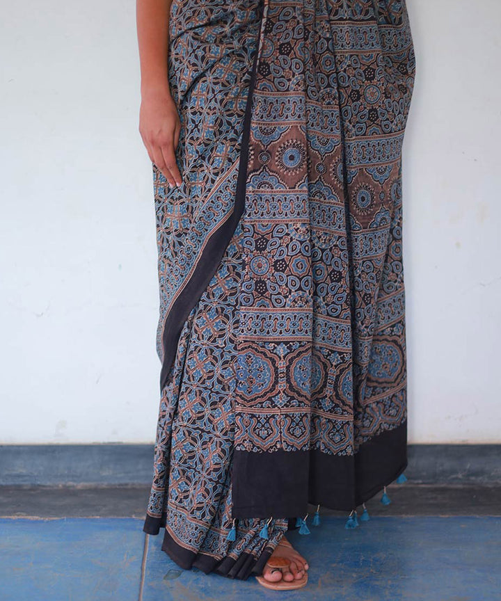 Indigo black cotton block printed ajrakh saree