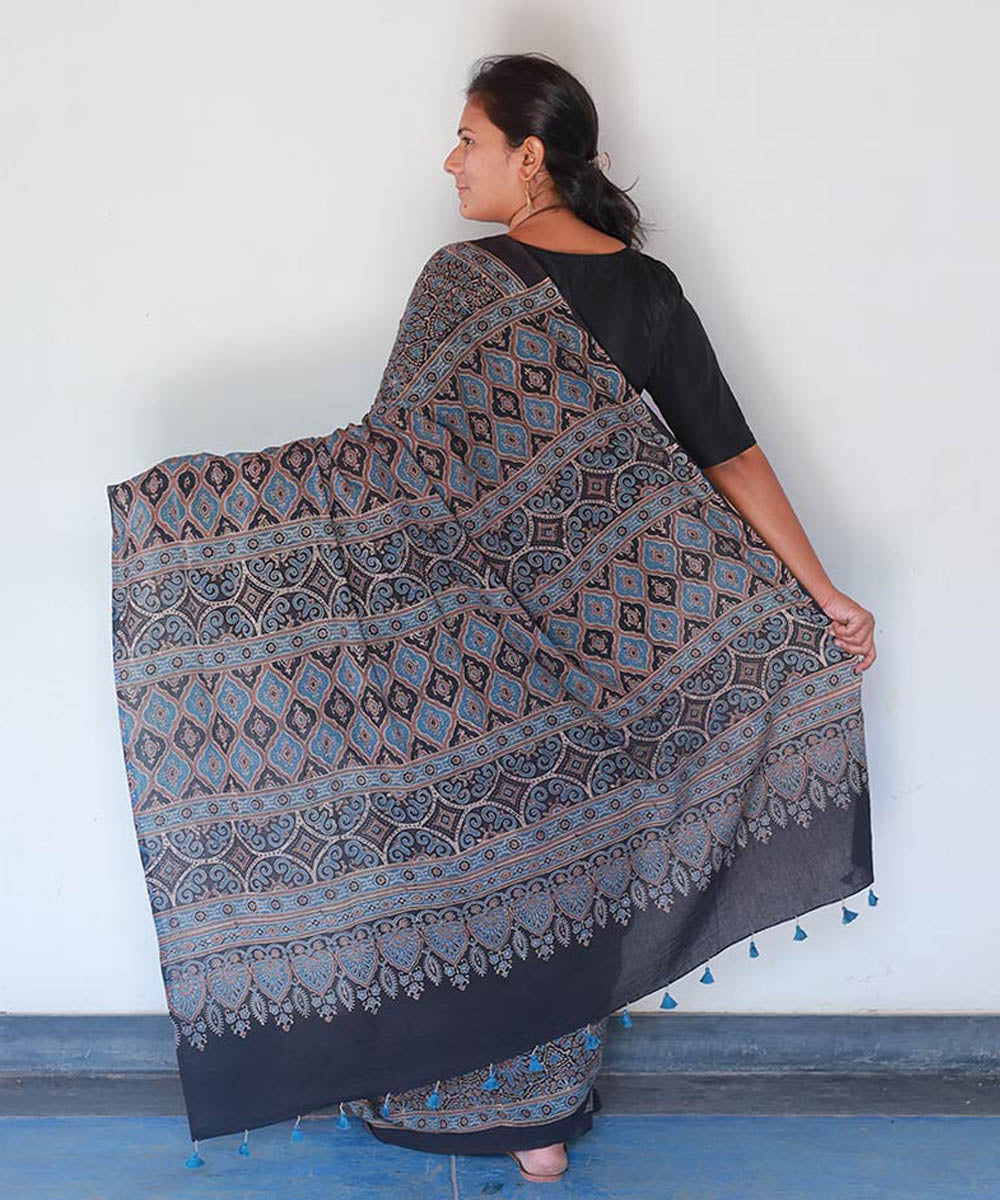 Indigo black cotton block print ajrakh saree