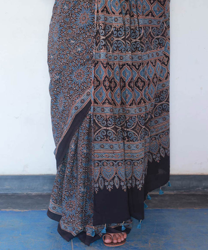 Indigo black cotton block print ajrakh saree