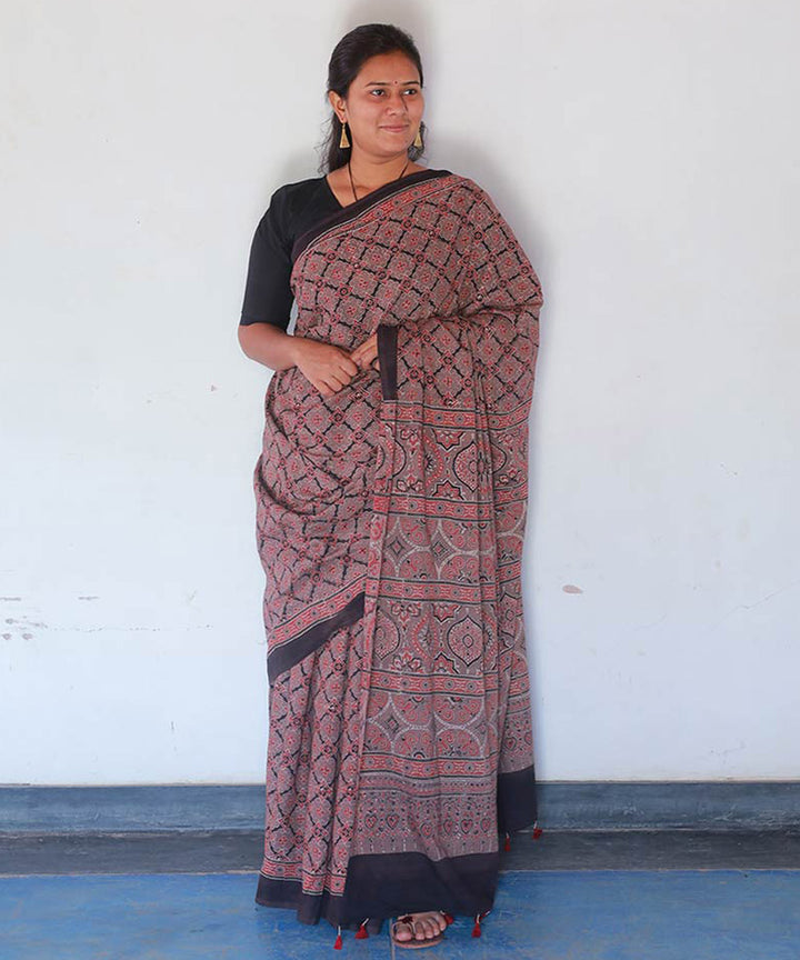 Red and black cotton block printed ajrakh saree