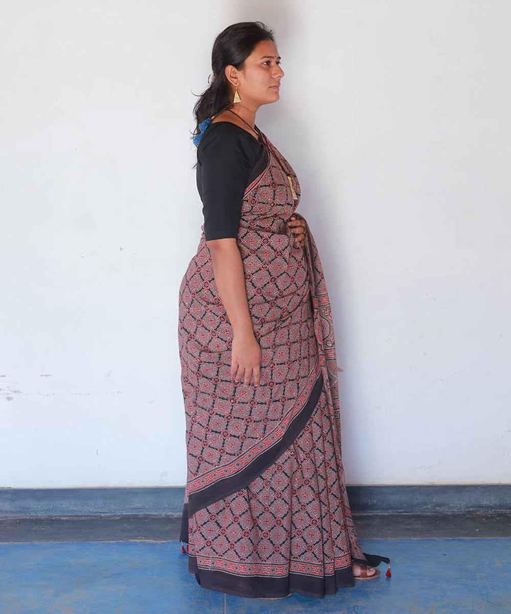 Red and black cotton block printed ajrakh saree