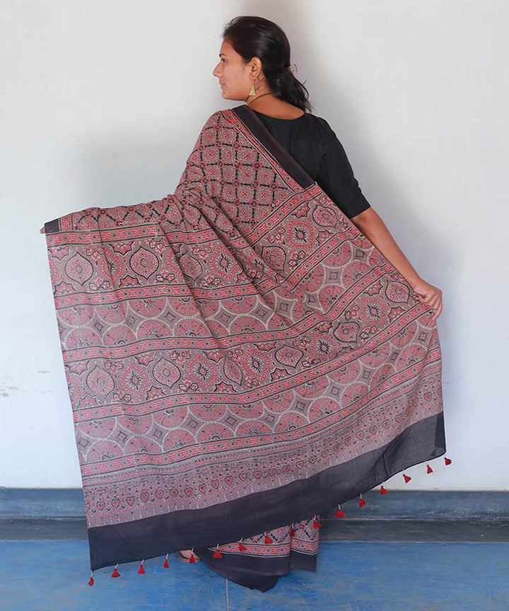 Red and black cotton block printed ajrakh saree