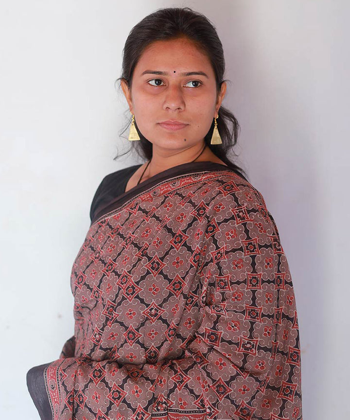 Red and black cotton block printed ajrakh saree