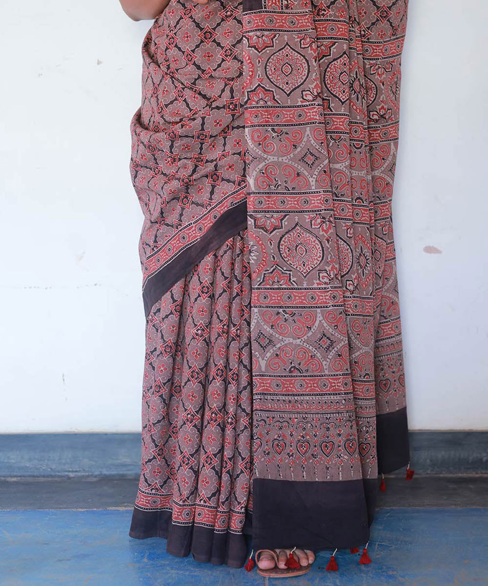 Red and black cotton block printed ajrakh saree