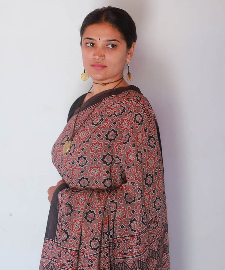 Red black cotton handblock printed ajrakh saree