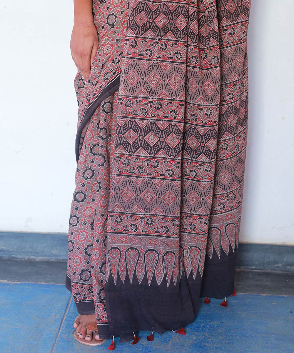 Red black cotton handblock printed ajrakh saree