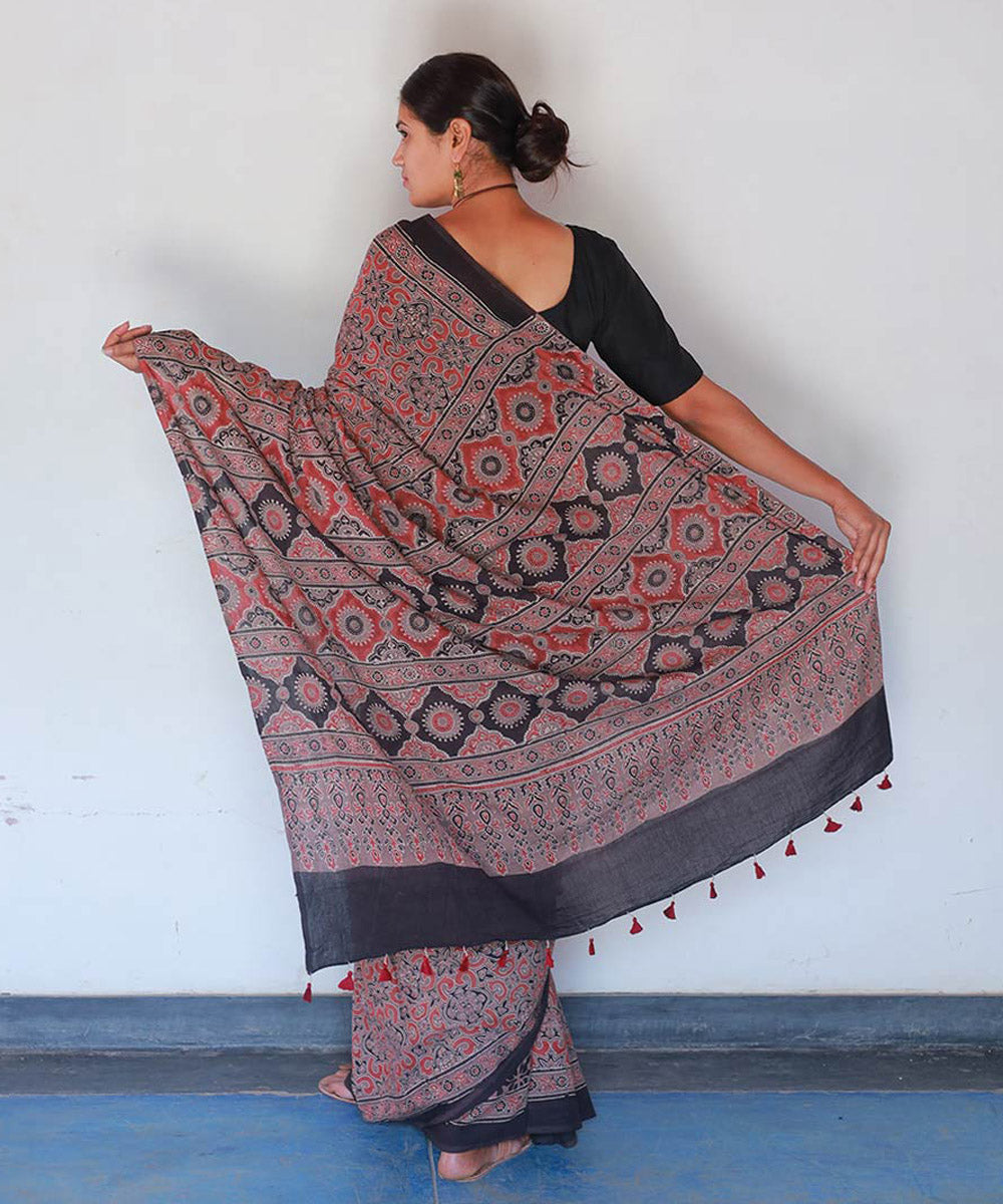 Red black cotton handblock print ajrakh saree