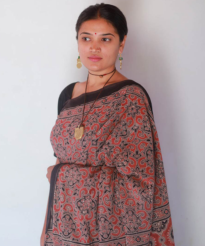Red black cotton handblock print ajrakh saree