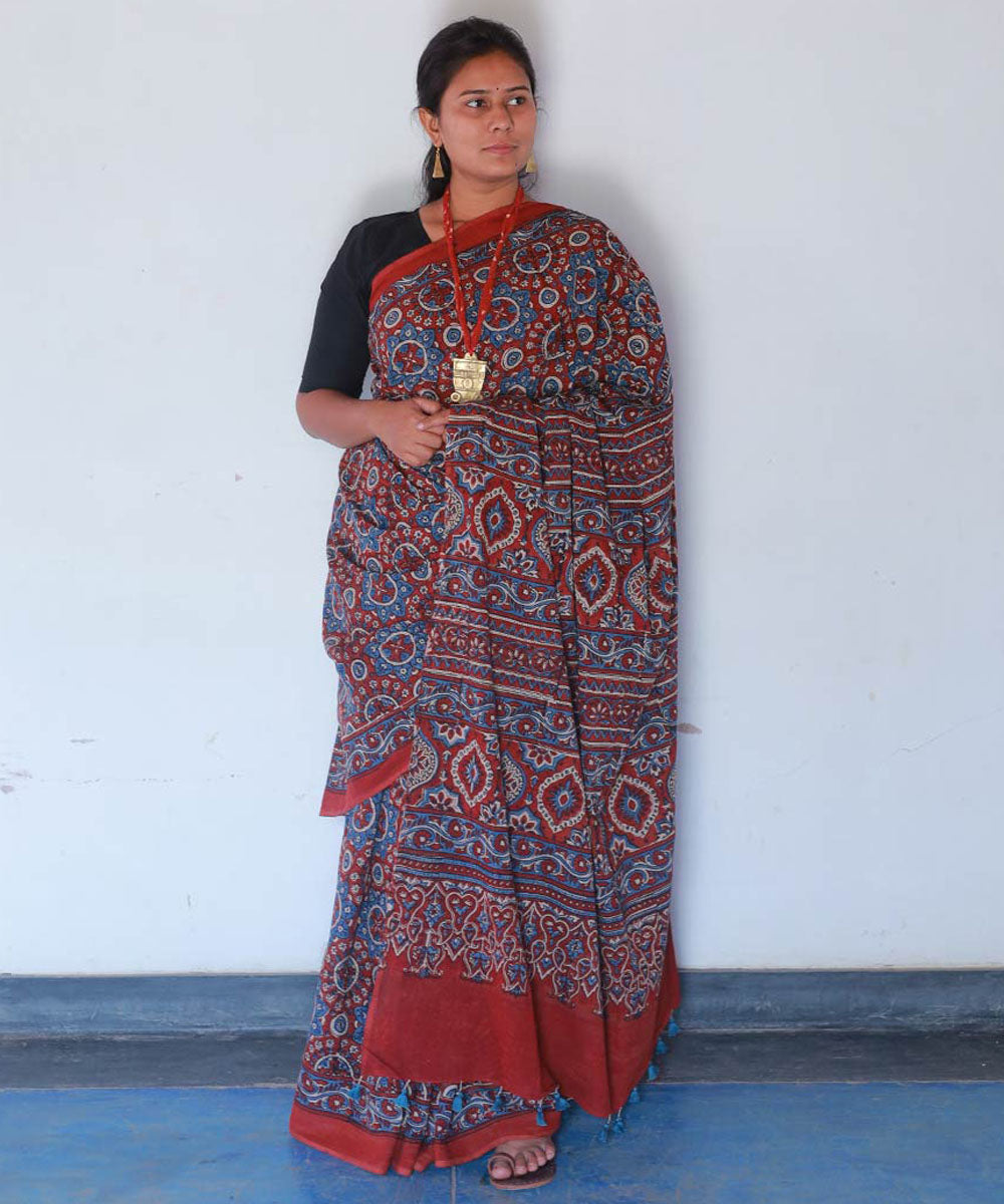 Red and indigo cotton handblock printed ajrakh saree