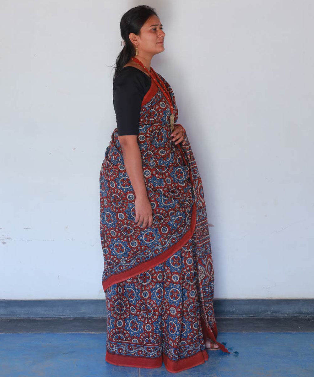 Red and indigo cotton handblock printed ajrakh saree