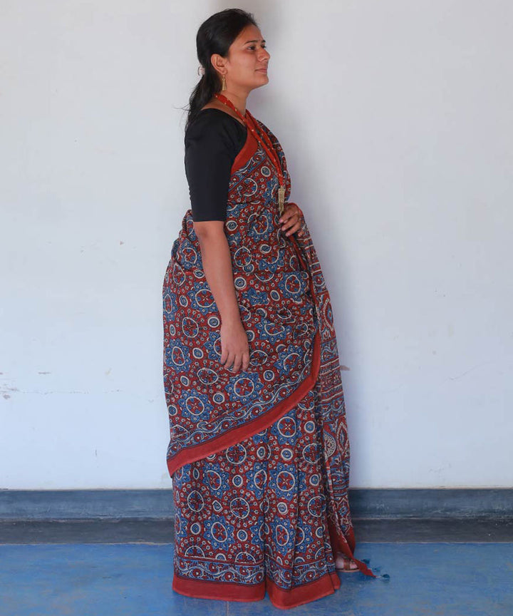 Red and indigo cotton handblock printed ajrakh saree