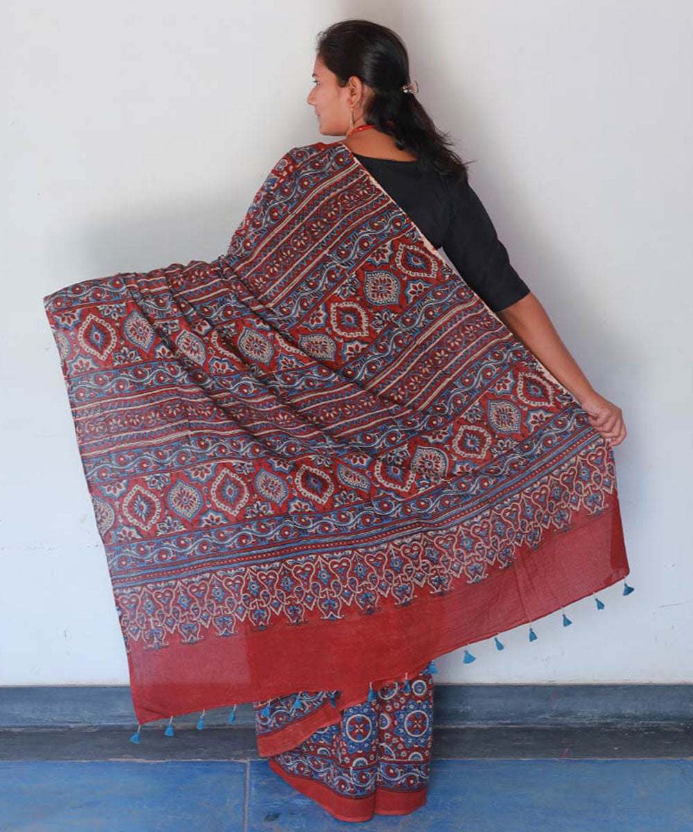 Red and indigo cotton handblock printed ajrakh saree