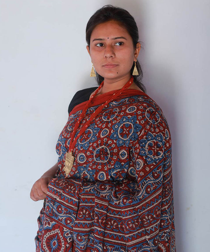 Red and indigo cotton handblock printed ajrakh saree